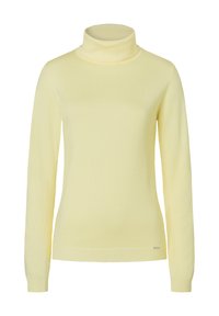 Gelber Rollkragenpullover aus weichem Material mit langen Ärmeln und gerippten Akzenten am Hals und an den Säumen. Verfügt über ein figurbetontes Design.