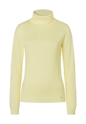 Gelber Rollkragenpullover aus weichem Material mit langen Ärmeln und gerippten Akzenten am Hals und an den Säumen. Verfügt über ein figurbetontes Design.