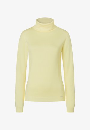 Gelber Rollkragenpullover aus weichem Material mit langen Ärmeln und gerippten Akzenten am Hals und an den Säumen. Verfügt über ein figurbetontes Design.