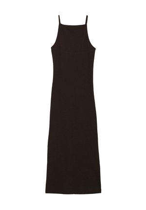 Vestito nero senza maniche, lungo fino al ginocchio, con spalline sottili. Realizzato in tessuto liscio, presenta un design aderente e una trama sottile.