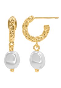 Orecchini a cerchio a spirale in oro con una goccia di perla bianca liscia e di forma irregolare. Il design include accenti lucidi e una finitura texture.
