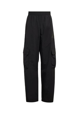 Pantalones cargo negros con cinturilla elástica y bolsillos laterales con solapa, corte recto, mostrados sobre fondo blanco.