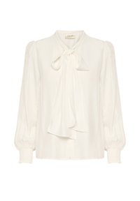 White blouse with a tie neck, long puff sleeves, elastic cuffs, and a smooth, lightweight fabric. Subtle sheen and classic design.