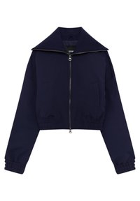 Veste courte bleu marine avec grand col, fermeture éclair devant, manches longues, poignets élastiques et détails froncés à la taille élastique.