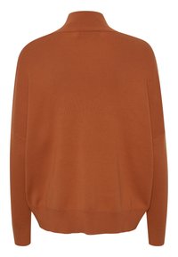 Rustorange långärmad tröja med hög krage och ribbad mudd och nederkant, visad bakifrån mot en vit bakgrund.