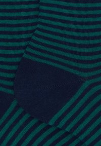 Calzini in cotone con righe blu scuro e teal, caratterizzati da una superficie liscia e punta rinforzata.