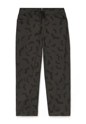Dark gray pants with a bat pattern, featuring an elastic waistband, drawstring, and side pockets. Made from lightweight fabric.
