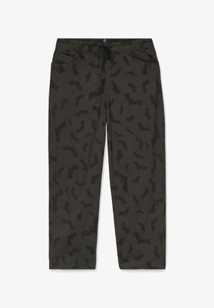 Pantalons gris foncé avec un motif de chauve-souris, dotés d'une taille élastique, d'un cordon de serrage et de poches latérales. Fabriqués à partir d'un tissu léger.