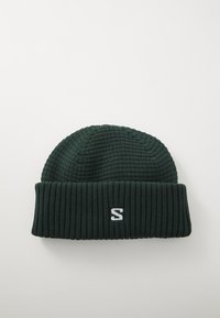 Dark green knitted beanie with a ribbed design, featuring a folded cuff and a white embroidered "S" on the front.