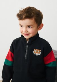 Black pullover with a half-zip, red and green striped sleeves, and an embroidered tiger emblem on the chest, made of soft fabric.