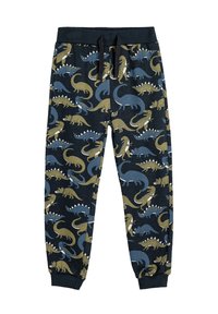 Pantalones joggers de felpa con fondo azul marino y patrones de dinosaurios multicolores. Diseño ajustado con cintura elástica y cordón.