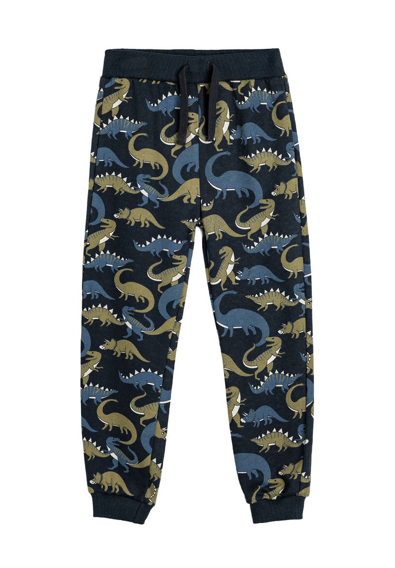 Pantalones joggers de felpa con fondo azul marino y patrones de dinosaurios multicolores. Diseño ajustado con cintura elástica y cordón.