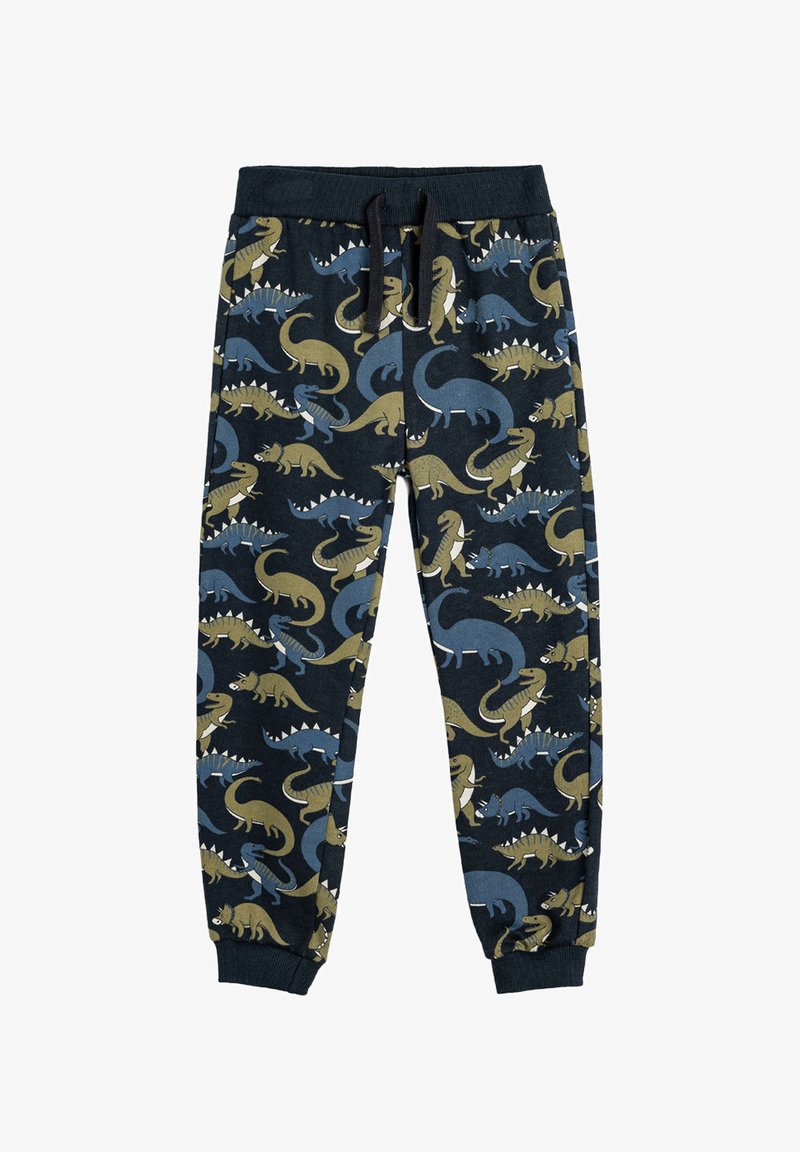 Pantalones joggers de felpa con fondo azul marino y patrones de dinosaurios multicolores. Diseño ajustado con cintura elástica y cordón.