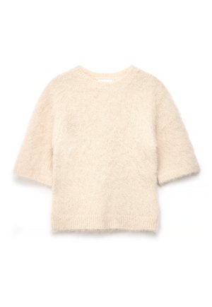 Roomkleurige, pluizige trui met korte mouwen, een ronde halslijn en een losse, licht cropped pasvorm.