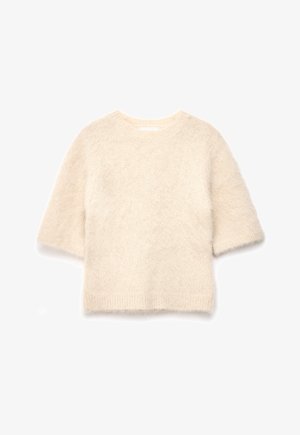 Kreemikas karvane lühikeste varrukatega kampsun ümarate kaelustega ja lahtise, veidi lühendatud lõikega.