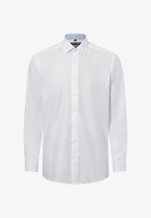 White dress shirt with a button-down collar, featuring a textured fabric and a patterned blue inner collar. Classic fit with long sleeves.