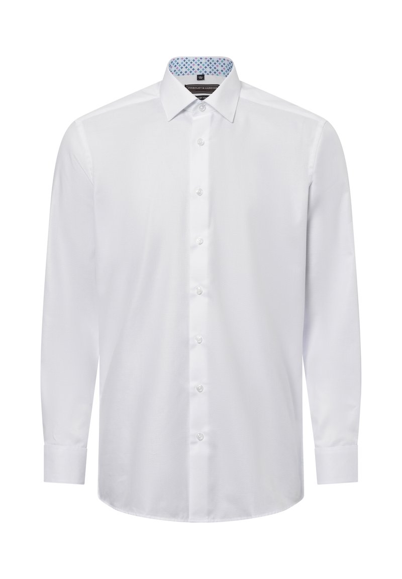 Weißes Hemd mit Button-Down-Kragen, aus strukturiertem Stoff und mit einem gemusterten blauen Innenkragen. Klassische Passform mit langen Ärmeln.