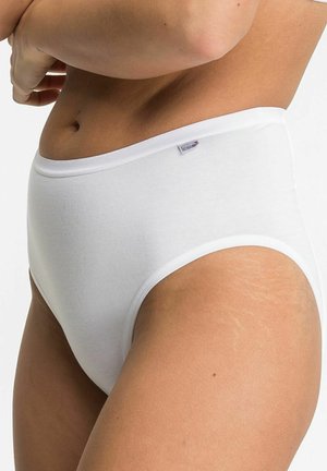 White high-waisted underwear made of soft, stretchable fabric. Features a smooth waistband and minimal stitching details.