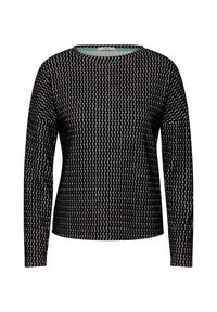 Schwarzes Langarmoberteil mit wellenförmigem weißen Muster, rundem Halsauschnitt und weichem Stoff in entspannter Passform.