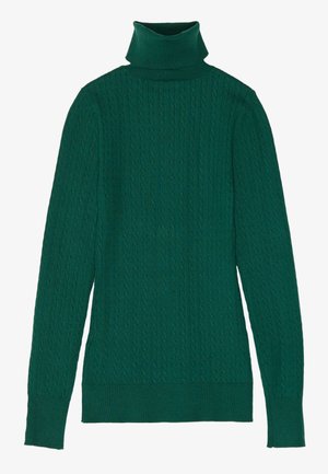 Pull en maille verte à col montant avec une texture côtelée, doté de manches longues et d'une silhouette ajustée. Pas de fermetures visibles ni de décorations.