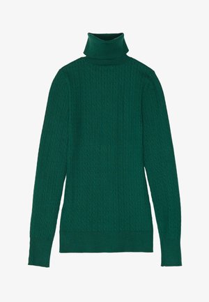 Grøn strikket turtleneck sweater med ribbet tekstur, der har lange ærmer og en tætsiddende silhuet. Ingen synlige lukninger eller dekorationer.