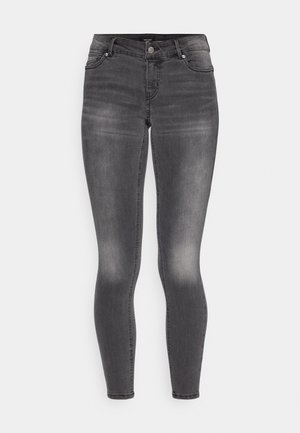 Grå skinny jeans lavet af denim med en slidt finish, der har lynlås og knaplukning foran, fem lommer og en tætsiddende silhuet.