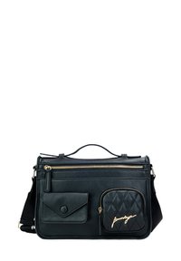 Borsa a tracolla in pelle nera con un design strutturato, caratterizzata da accessori in oro, manico superiore e tasche con zip, incluso un vano frontale trapuntato.