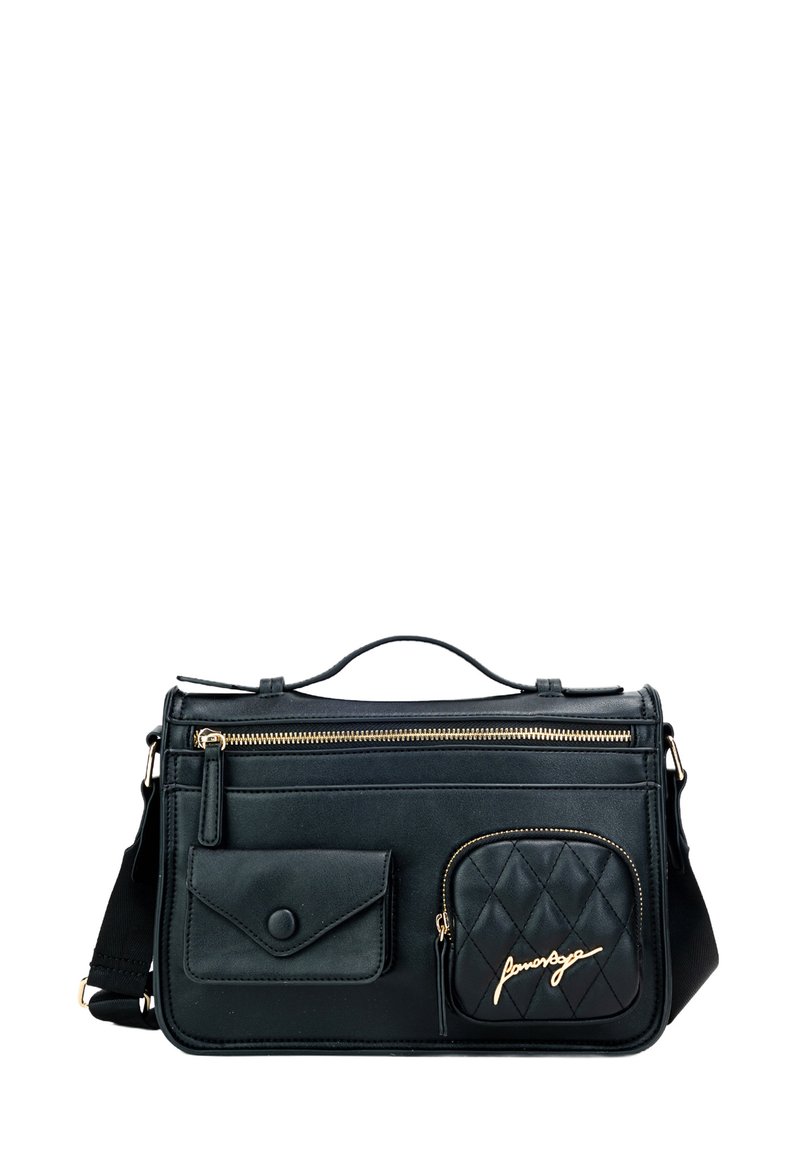 Borsa a tracolla in pelle nera con un design strutturato, caratterizzata da accessori in oro, manico superiore e tasche con zip, incluso un vano frontale trapuntato.