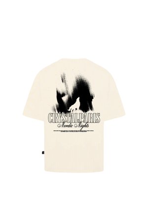 T-shirt grafico color crema con un'illustrazione in inchiostro nero di un lupo e la scritta "CRYSTALPARIS Nordic Nights."