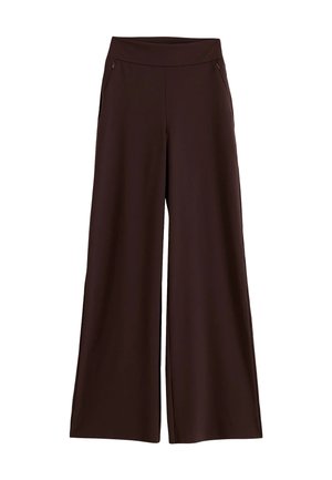 Pantaloni marrone scuro a gamba larga con vita alta e due tasche frontali con zip, mostrati su sfondo bianco.