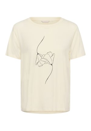 Īsroku krēmkrāsas T-krekls no mīksta auduma, priekšpusē ar minimālistisku melnas krāsas ziedu līniju zīmējumu.