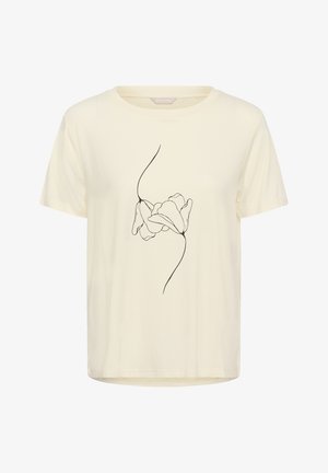 T-shirt crema a maniche corte in tessuto morbido, con un disegno floreale minimale a linee nere sul davanti.