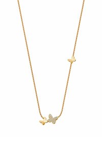 Złota naszyjnik z delikatnym łańcuszkiem, z dwoma charmsami w kształcie motyli; jeden jest gładki, a drugi ozdobiony przejrzystymi kamieniami akcentującymi.