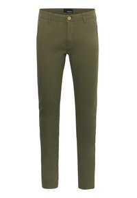 Pantalon homme slim fit vert olive avec bouton à l’avant et passants de ceinture, avec poches latérales et arrière.