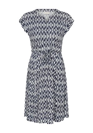 Korte mouwen jurk in marineblauw met wit patroon, met V-hals, tailleband en knie-lengte zoom.