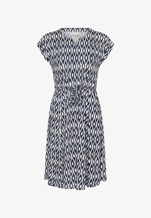 Short-sleeve navy and white patterned dress with a V-neck, cinched waist tie, and knee-length hem.
