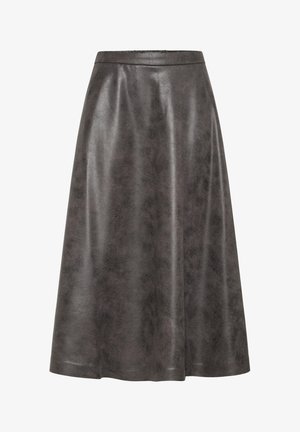 A-Linie-Rock aus glänzendem, strukturiertem grauem Kunstleder, mit glattem Bund und fließender Silhouette. Mittellanger Saum, keine sichtbaren Muster.