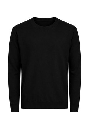 Maglione nero a maniche lunghe con scollo rotondo, polsini e orlo a coste, mostrato su uno sfondo bianco.