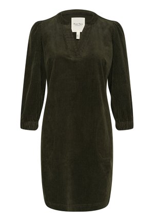 Dunkelgrünes Cordkleid mit V-Ausschnitt, Dreiviertelärmeln und gerafften Bündchen. Hat vertikale Rippung und eine lockere Passform.