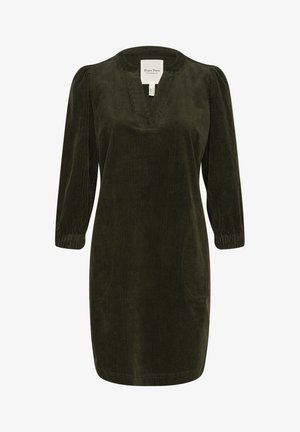 Mörkgrön kordflöjtklänning med V-ringning, trekvartsärmar och rynkade manschetter. Har vertikala ribbor och en avslappnad passform.