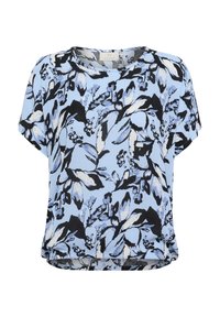 Blouse florale bleu clair avec imprimé botanique noir et blanc. Manches courtes, encolure ronde et ourlet arrondi pour un ajustement décontracté.