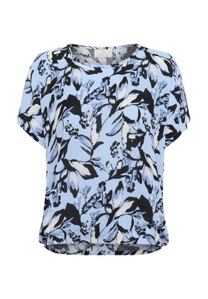 Blusa floreale di colore azzurro chiaro con stampa botanica nera e bianca. Maniche corte, scollatura rotonda e orlo curvo per una vestibilità rilassata.