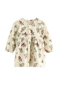 Langärmliges, cremefarbenes Kleid mit gerafftem Taillenbereich, das ein Muster aus Vögeln und Blättern aufweist, Holzknöpfen und elastischen Bündchen.