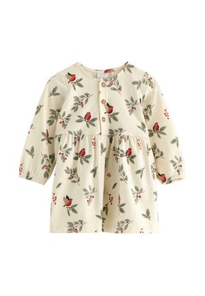 Langärmliges, cremefarbenes Kleid mit gerafftem Taillenbereich, das ein Muster aus Vögeln und Blättern aufweist, Holzknöpfen und elastischen Bündchen.