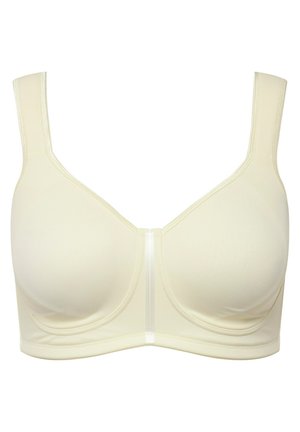 Beige-rintaneule, jossa on muotoillut kuppiosat ja leveät säädettävät olkaimet. Ominaisuuksiin kuuluu sileä tekstiili ja keskiselkä sauman rakenteellisuus. Ei lisäkoristeita.