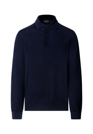 Polo a maniche lunghe blu navy con colletto classico, pattina con tre bottoni e polsini e orlo a costine. Tessuto dalla superficie liscia.