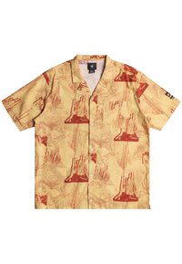 Korte mouwen overhemd van gele stof met een rood woestijnlandschappatroon, knoopsluiting en een klassiek kraagontwerp.