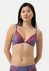 Dreieckiger BH aus durchsichtigem blauen Mesh mit roten bestickten Details, verstellbaren Trägern und einer angenehmen Textur.