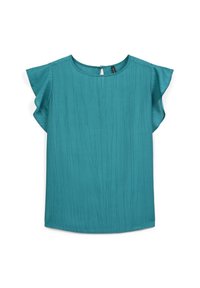 Blusa teal a maniche corte con sottile texture verticale, scollatura rotonda, maniche a farfalla e piccolo bottone sul retro.