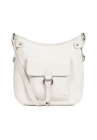 Borsa a tracolla bianca in pelle con forma arrotondata, flap della tasca frontale, dettagli in metallo argentato e tracolla regolabile.